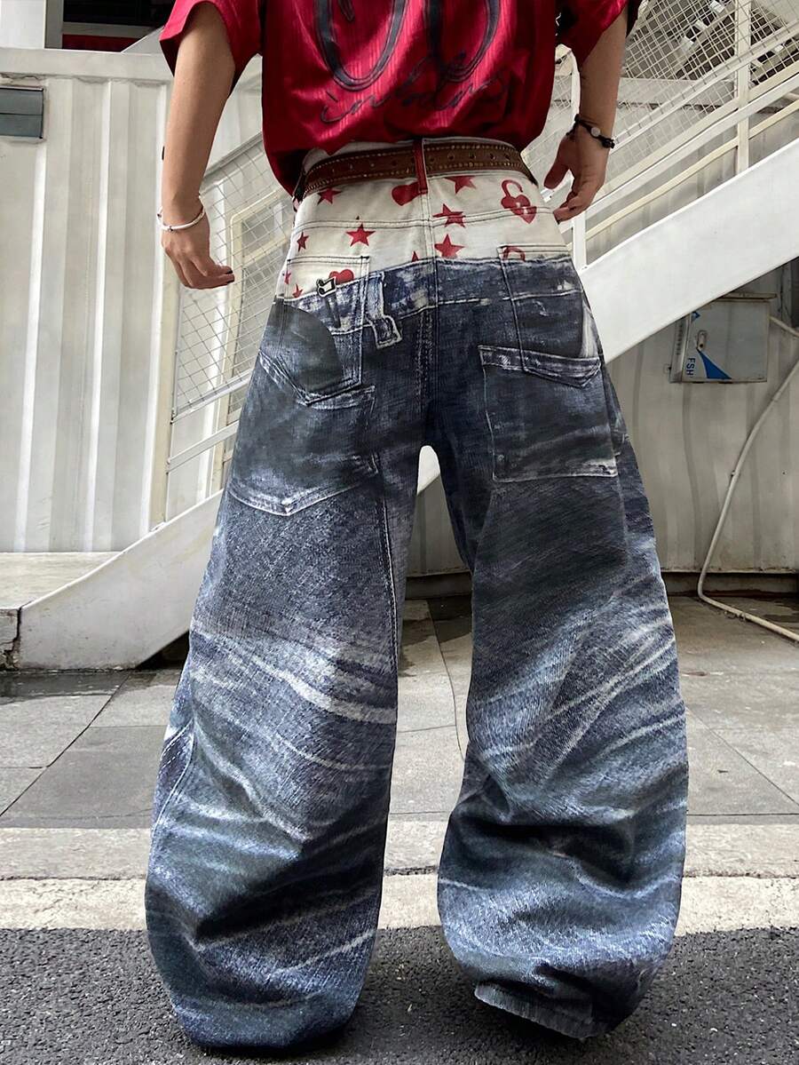 Hearty Haven 1件美式街頭風數位印花男士寬鬆寬腿長褲，四季百搭休閒舒適牛仔褲，上班通勤大學風長褲（不含腰帶或配件） - 藍色 - 查看 1