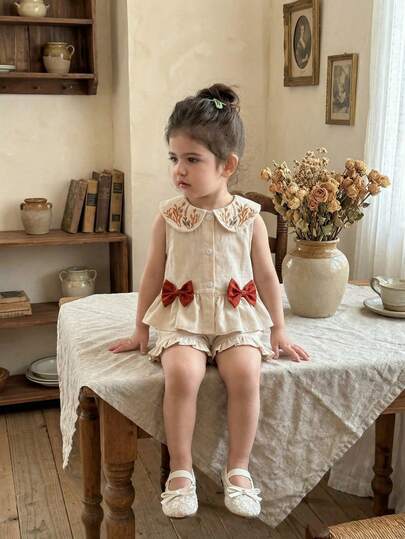 2pcs Baby Girls Floral Embroidery Lapel Sleeveless Lightweight Cute Bow Decor Set, Casual Outfit For Spring/Summer