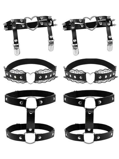 Punk Goth Leg Garters Belts Thigh Strap Black PU Leather Thigh Harness Club Halloween Chain Accessories Jewelry For Women Lady Elastic Adjustable Band
