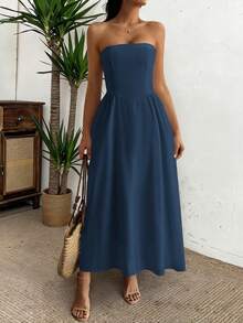 Unadoll 女士无肩带拉链休闲优雅连衣裙，适合海滩度假、旅行、约会、音乐节、返校季和圣诞节等场合。 - 藏蓝色 - 查看 10