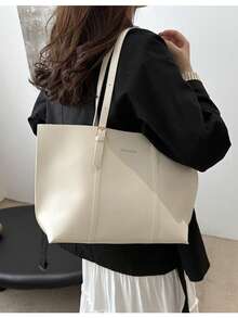 2pcs/Set Solid Color Large Capacity Shoulder Tote Bag And Clutch Purse, Made Of PU Leather, Suitable For Girls/Women Daily Use, Work And Shopping, Also Can Be Mother-Daughter Matching, Best Gift For Mother's Day - Beige - View 5
