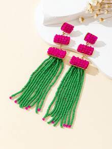 Handmade Colorful Glass Bead Tassel Earrings - Multicolor - View 1