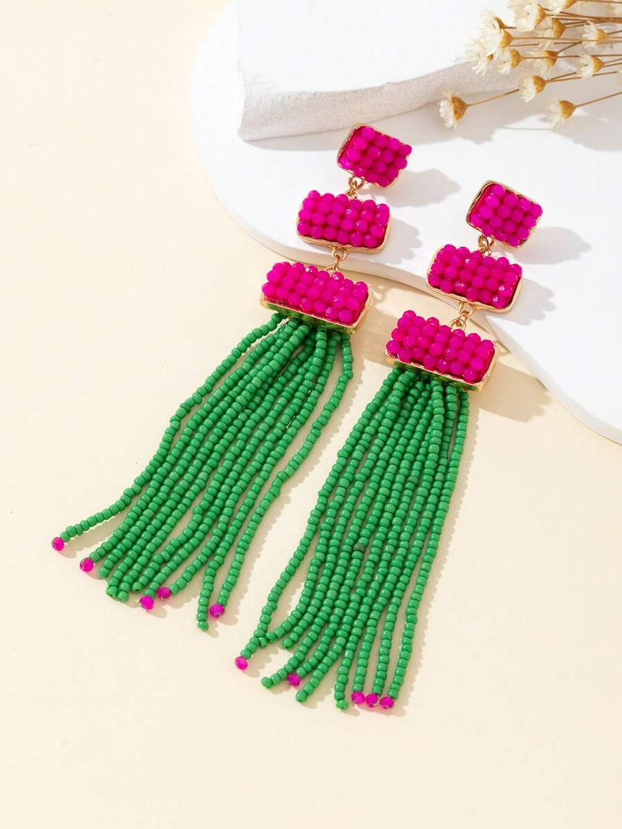 Handmade Colorful Glass Bead Tassel Earrings - Multicolor - View 1