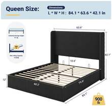 Allewie Full/Queen/King Size Lift-Up Storage Bed Frame With Modern Wingback Headboard, Corduroy Upholstered Platform Bed, Hydraulic Gas Lift Support, Underbed Storage, Wooden Slats, No Box Spring Needed, Black - 黑色 - 查看 10