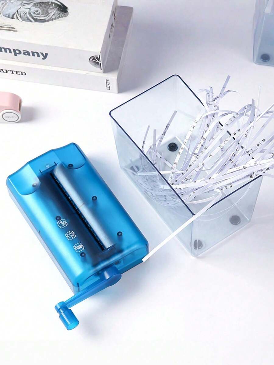 1pc Manual Paper Shredder, Mini Handheld Shredder For Home/Office, Desktop Strip-Cut Paper Shredder - Blue - View 1