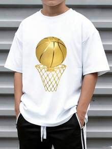 1pc Tween Boy Casual Basketball Print Short Sleeve T-Shirt, Summer Top For Young Male Students - White - View 3