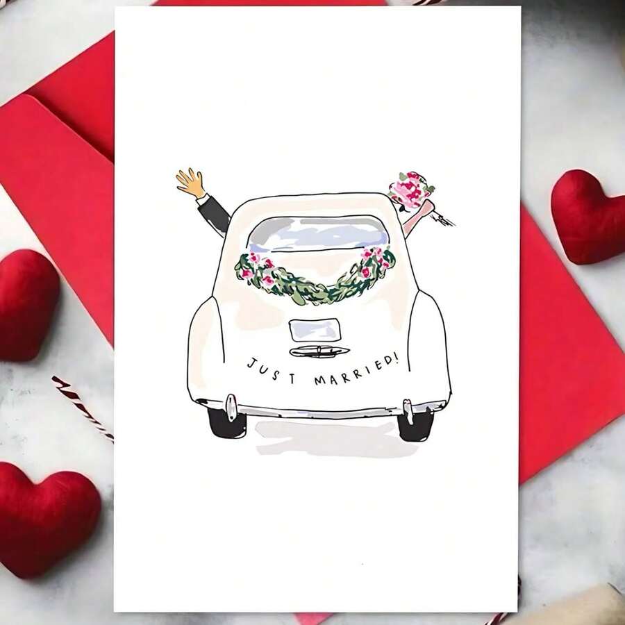 1pc Just Married Funny Wedding Congratulations Card With Classic Car Illustration - Universal Greeting Card For Bride And Groom, Cartoon Animals Theme, Paper Material, - one-size - View 1