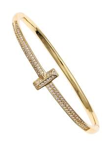 Eid Fashionable Stackable T-Motif Cuff Bangle, Modern Crystal Inlaid Statement Bracelet For Women - Gold - View 8