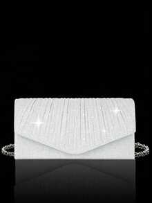 奢华新款女士褶皱晚宴手拿包，闪亮新娘婚礼包，4件套水钻晚宴套装，闪亮项链、耳环和手镯套装，亮片褶皱派对手拿包，V形翻盖信封包，完美适用于派对、婚礼、舞会、晚宴/宴会、新娘装、正式服装、舞会礼服和生日礼服。 - 銀色 - 查看 3