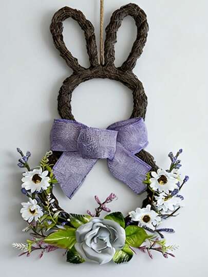 Rabbit Shaped Wicker Wreath With Purple Bow + Light Blue Floral Decor Wall Hanging. Crafted With Deep Brown Wicker In Rabbit Shape, Paired With Light Purple Textured Bow, Accented With Light Blue Roses, White Daisies And Purple Small Flowers, Presenting A Fresh And Soft Style; With Jute Rope Hanger, Can Be Hung On Walls, Doorways, Suitable For Bedroom, Foyer And Other Spaces, Easily Creating A Gentle And Healing Atmosphere, A Lovely Item To Enhance The Sophistication Of Home Decor.