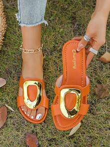 Women's Orange Flat Slide Sandals,Gold Metal Decor Open Toe Slip OnSummer Shoes - Orange - View 1