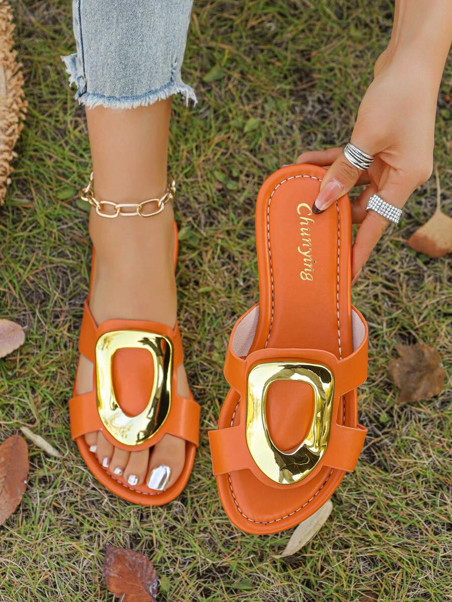 Women's Orange Flat Slide Sandals,Gold Metal Decor Open Toe Slip OnSummer Shoes - Orange - View 1