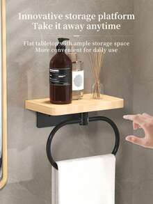 1pc Bathroom Towel Ring, Wall Mounted Towel Holder With Wooden Rack, Towel Hook, For Bathroom Storage And Organization, No Drilling Required, Easy Installation, Bathroom Accessory - Multicolor - View 1