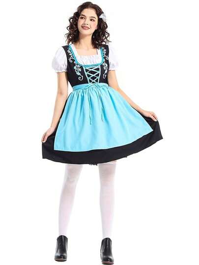 Bộ trang phục Oktoberfest màu xanh dương dành cho nữ, bao gồm tạp dề, trang phục truyền thống vùng Bavaria, thích hợp cho lễ hội Carnival và tiệc Halloween.