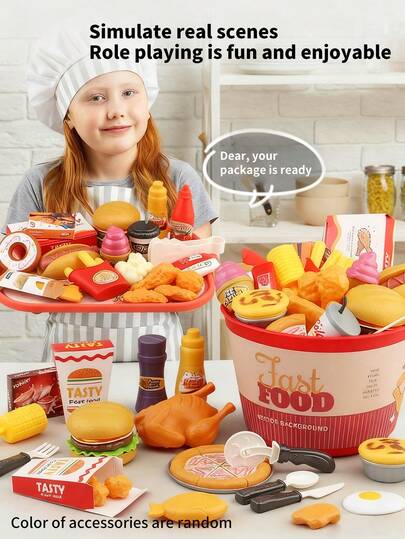 Barnleksak med hamburgare, pommes frites och pizza, interaktiv skärleksak för baby, lämplig för rollspel i köket, fest (tillbehör i slumpmässig färg)