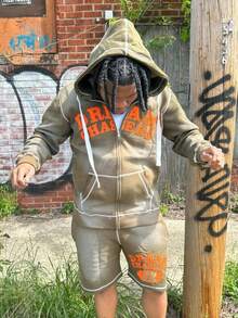 Men 2 Piece Set,Men's Solid Color Hooded Sweatshirt 3D Print Cardigan Sweatshirt Shorts Set - XHfq6ZEQ8-綠 - 查看 2