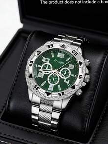ساعة رجالية فاخرة بقرص أخضر، مزودة بسوار معدني فضي وقرص كرونوغراف متعدد الوظائف باللون الأخضر، مصممة بعناية لإبراز الأناقة والأسلوب الأنيق. - فضي - مشاهدة 16