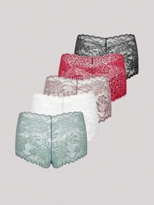 Hourtrue 5Pcs Sexy Ladies Lace Floral Patterned Square Cut/Boxer Shorts - Multicolor - View 2