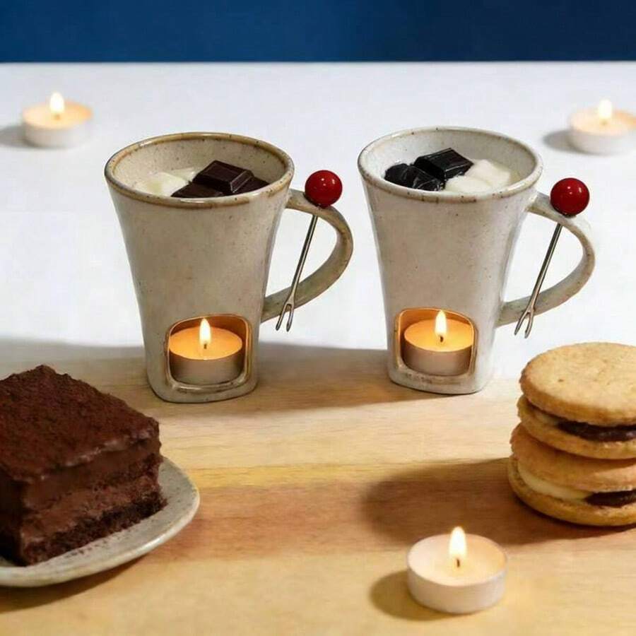 Chocolate Fondue Set With Forks, Creative Ceramic Fondue Pot, Heating Stove, Ice Cream & Cheese Melting Pot - Multicolor - View 1