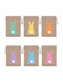 6pcs-Easter Yellow Jute Bags, Rabbit Patterned Jute Gift Bags With Drawstring, 5 X 7 Inches, Easter Jute Gift Bags With Furry Tails, Treasure Hunt Bags, Party Gift Bags, Jute Rope Easter Party Gift Bags - Multicolor - View 8