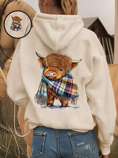 Sudadera con capucha para mujer, estilo callejero, campus, juvenil, vacaciones, minimalista, para ir al trabajo, moda, con bufanda y estampado de buey