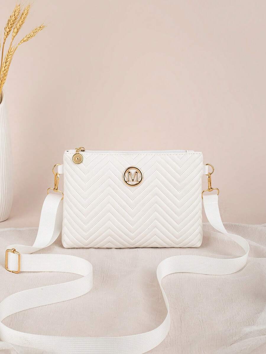Fashionable Black Quilted Women's Crossbody Bag With Adjustable Gold-Tone M Logo Strap, Casual Daily Shoulder Bag, Lightweight Zipper Clutch - White - View 1