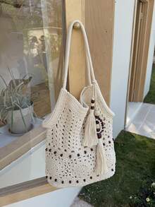 2025新款镂空单肩编织沙滩包，大容量通勤手提包 - 米色 - 查看 4