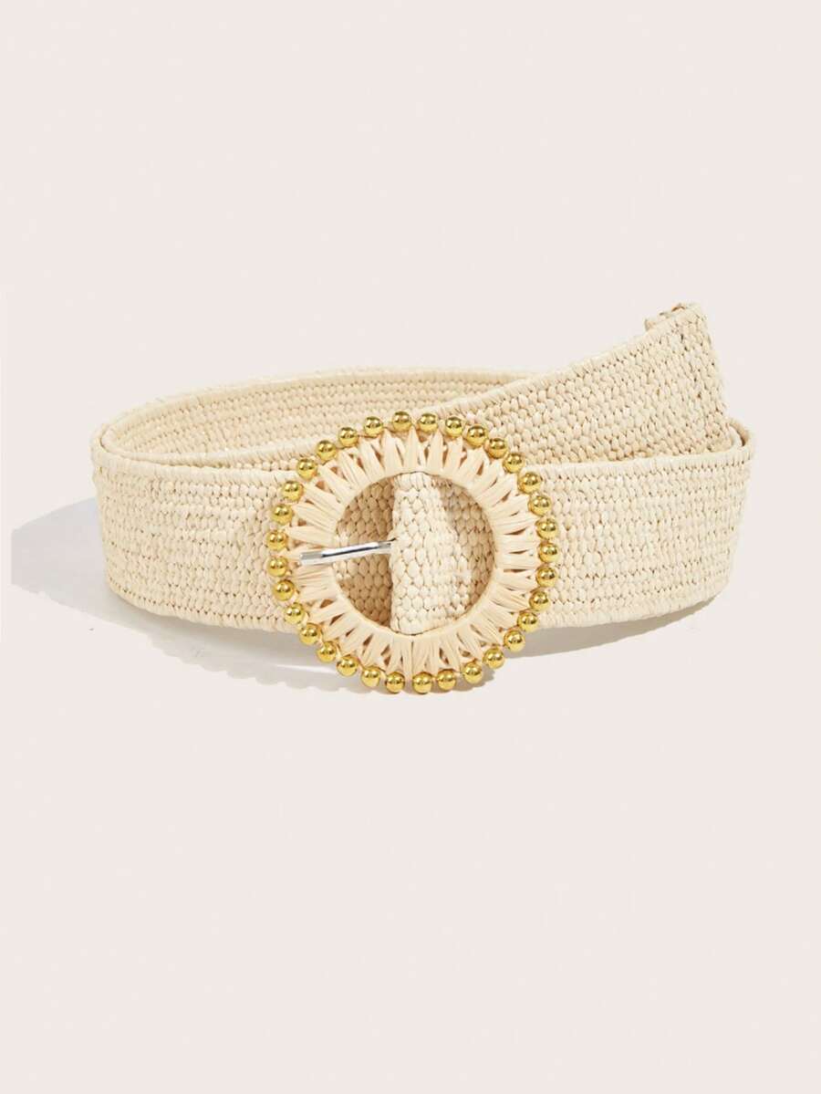 1pc BOHO Style Women's Waist Belt, Western Belts, Spring/Summer Bohemian Vacation Gold Wooden Bead Round Buckle Elastic Beige Belt, Suitable For Skirts, Shorts, Beach, Party, Daily Commute, Casual Outing, Holiday Gift - Apricot - View 1