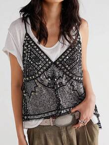 Women's Y2K Sparkly Sequin Tank Top Beaded Sheer Mesh Cami V Neck Party Rave Top - Black - View 2