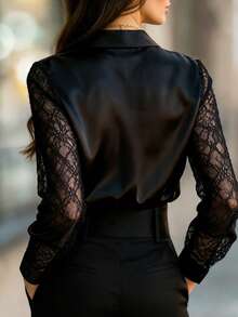 Spring/Summer Women's Fashionable Elegant Casual Everyday Urban Modern Versatile Classic Black Semi-Sheer Lace Sleeve Design Cardigan Shirt Summer Holiday Outfit, Outing Shirt, Holiday Attire, Women's Casual Wear, Summer Vacation Outfit - Black - View 7