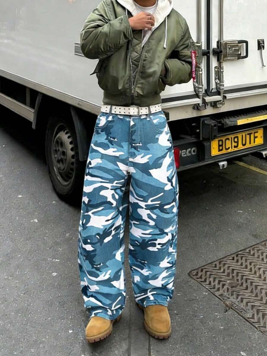 Grunge Goth Y2K Style Men's Fashion Casual Street Loose Personalized Youth Sports College Straight Casual Street Camo Denim Jeans