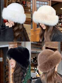 1pc Women's Winter Plush Bucket Hat, Russian Style Furry Winter Bucket Hats,Faux Fur Hat,Women's Fashionable Thick Hat, Winter Warm Hat, Fuzzy Beanie,Can Be Paired With Wool Coat, Winter Clothing Winter Outfits,Warm Ski Snow Hat,Valentine's Day Gifts, New Year Gifts. - Multicolor - View 1