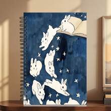 1 Cuaderno espiral A5 lindo con conejo, estrellas brillantes y diseño de portada de conejo durmiendo - Diseño de conejo y noche estrellada de fantasía rosa y blanco, encuadernación espiral duradera - Lindo conejito - Ver 4