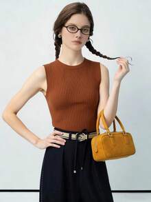 Bamboo Fashion Regata Feminina Elegante Verão Primavera Tecido fazer frio Camisa Camiseta Cor de Sólida Gola Redonda - Castanho - Visão 1