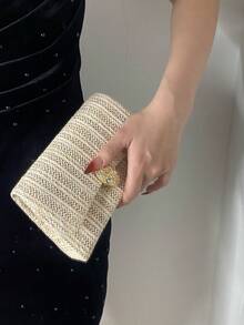 New Spring/Summer Women's Straw Bag With Skull Decor, Beach Clutch, Essential For Vacation, Suitable For Daily, Party, Wedding, Lightweight, Vintage Charm, Best Gift For Women - Apricot - View 7