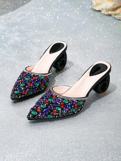 Women's Fashion High Heel Shoes, Women's High Heel Sandals, Popular In Middle East And Europe, Fashionable Pointed Toe Closed Toe Dress High Heel Shoes, Decorated With Dazzling Rhinestones, New 6-Shaped Asymmetric High Heels, Elegant And Sexy Lightweight High Heel Mules, Suitable For Weddings, Parties, Dates, Outings, Valentine's Day, Black High Heel Shoes