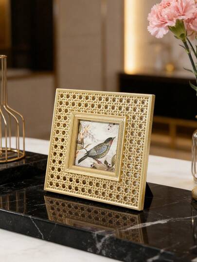 1pc Vintage Gold Woven Floral Pattern Square Decorative Photo Frame, Hand-Painted Home Decor Photo Display Frame, Suitable For Family Photo Decoration And Photography Prop