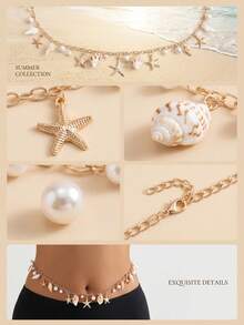 1pc Gold Starfish & Seashell Pearl Pendant Waist Chain, Pearl Belly Chain, Boho Shell Body Jewelry, Summer Beach Accessory - Gold - View 4