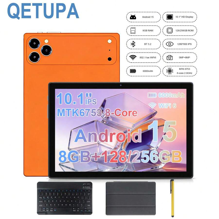 Qetupa Y40 平板电脑 - 2026 年新款旗舰级 10.1 英寸安卓 15 平板电脑,配备保护套、蓝牙键盘和手写笔。搭载 MTK6753 八核 2.0GHz 处理器,8GB 运行内存 + 128GB / 256GB 机身存储(可通过 MicroSD 卡扩展至 1TB)。配备 INCELL 1280*800 IPS 触控屏,双摄像头(前置 500 万像素,后置 800 万像素)。 - 橘色 - 查看 1
