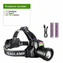 荧光头灯 高功率LED头灯 USB充电 变焦头灯 防水手电筒 带传感器 户外露营钓鱼灯 - 黑色 - 查看 12