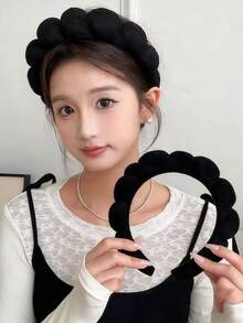 1-Set Black Premium Sponge Headband & Terry Cloth Hair Tie Set – High-End Elevated Scalp Volumizing Non-Slip Makeup/Skincare Head Accessory, Soft Comfortable Hair Styling Band For Daily Cleansing Makeup Prep Skincare Routines Spa Self-Care, Bestselling Beauty Essential, Ideal For Daily Beauty Valentine's Day Chic Gift For Friends Colleagues Beauty Enthusiasts - 黑色 - 查看 1