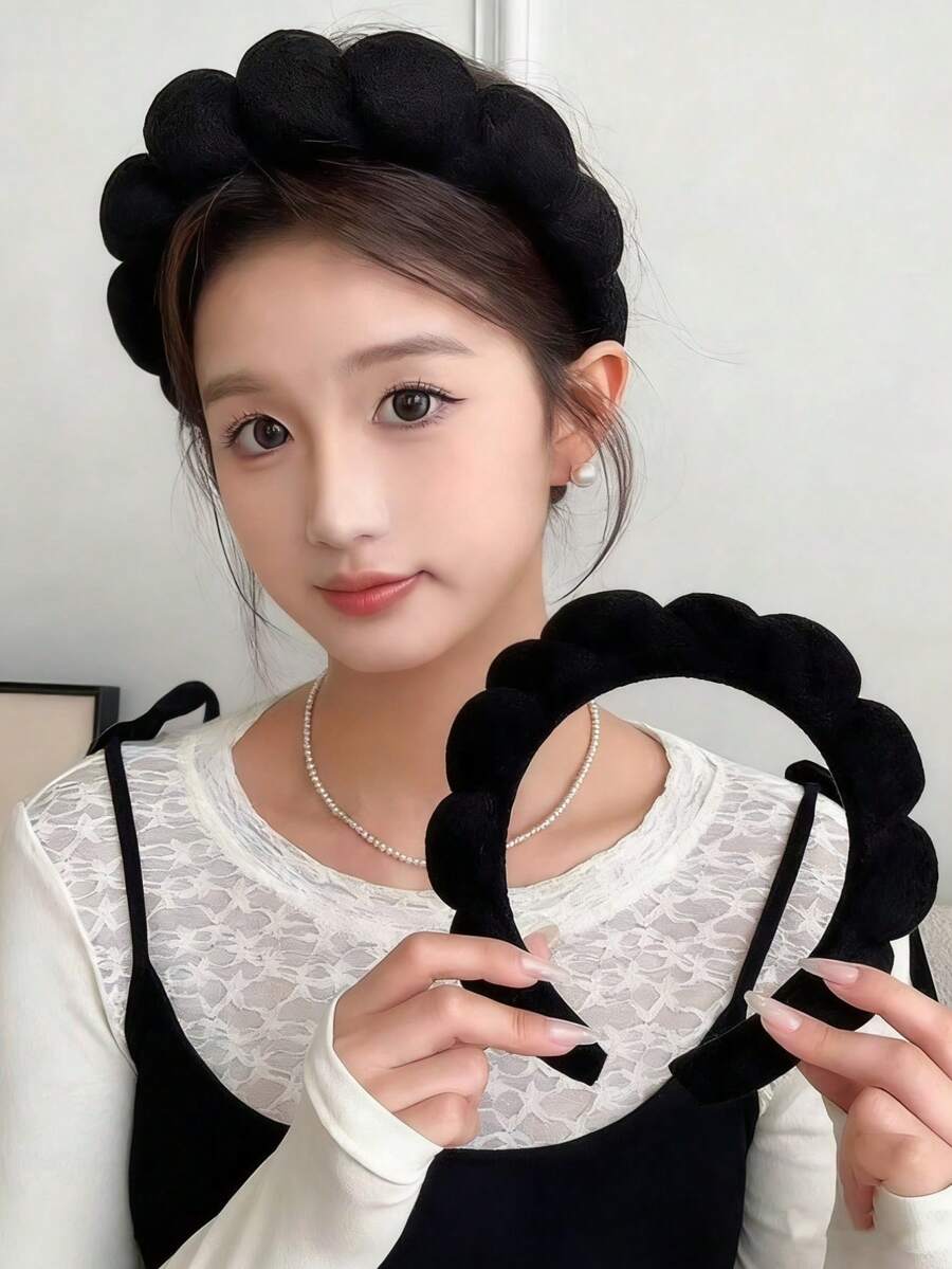 1-Set Black Premium Sponge Headband & Terry Cloth Hair Tie Set – High-End Elevated Scalp Volumizing Non-Slip Makeup/Skincare Head Accessory, Soft Comfortable Hair Styling Band For Daily Cleansing Makeup Prep Skincare Routines Spa Self-Care, Bestselling Beauty Essential, Ideal For Daily Beauty Valentine's Day Chic Gift For Friends Colleagues Beauty Enthusiasts - 黑色 - 查看 1