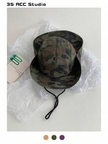 Topi Bucket Ringan Cepat Kering Motif Kamuflase Patchwork, Topi Pelindung Matahari Bernapas untuk Aktivitas Luar Ruangan Mendaki, Memancing, Unisex Musim Panas - tali lanyard kamuflase - View 11