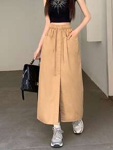 Korean Style Minimalist Design Casual Versatile A-Line Mid-Length Skirt - Khaki - View 4