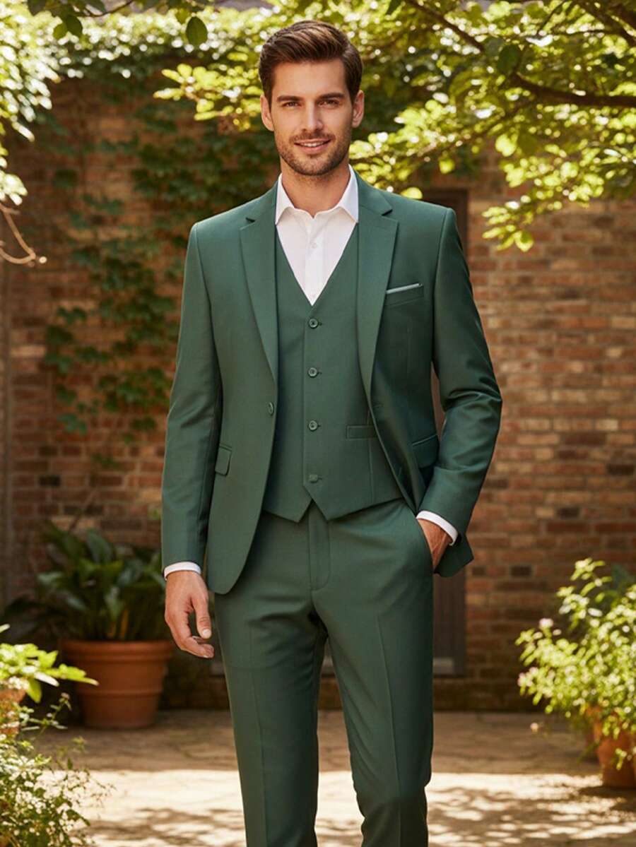 3 pièces Ensemble de costume formel pour hommes, veste de couleur unie élégante, gilet, pantalon avec poches, convient pour les fêtes, les mariages, les affaires, taille XS-3XL - Vert sapin - Voir 1