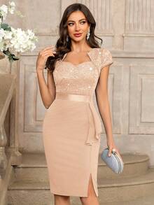 MIUSOL Sequin Lace Sweetheart Neck Ruffle Hem Cocktail Party Bodycon Dress - Champagne - View 5