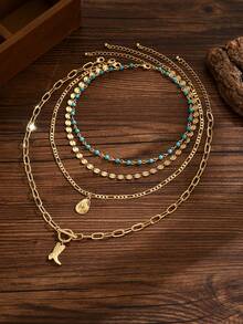 4件套西部牛仔风格项链套装，手工制作的金色链条，搭配金属帽子和靴子吊坠，时尚饰品，适合日常佩戴、旅行、摄影——项链长度和珠子数量随机。 - 彩色 - 查看 2