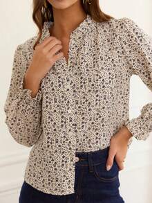 Women's Printed Woven Shirt, Stand Collar Bishop Sleeve, Button Front, Regular Fit Blouse Vacation Spring - Multicolor - View 8