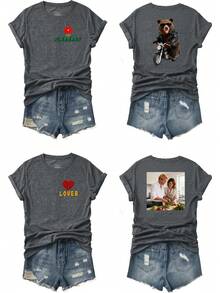 Customized Women's T-Shirt, Women's Short Sleeve, Women's T-Shirt, Enter Your Text, Slogan, Fun Letters, Blessings, Upload Your Own Photos (Lover Photos/Boyfriend Photos/Girlfriend Photos, Pet Photos, Group Photos) - Dark Grey - View 1