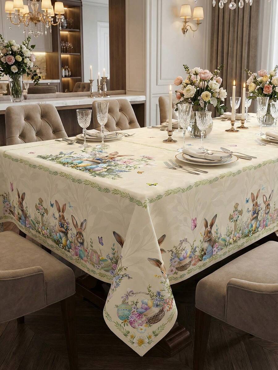 1 pièce/Chemin de table rétro Macaron Lapin, Œuf de Pâques et Floral, Nappe en polyester durable de style vintage, Décoré avec des motifs mignons de lapin, d'œuf et de fleurs, Convient pour le brunch de jardin de Pâques, les fêtes de printemps en extérieur, les rassemblements familiaux, la décoration de table familiale et les célébrations de fêtes. - Multicolore - Voir 1